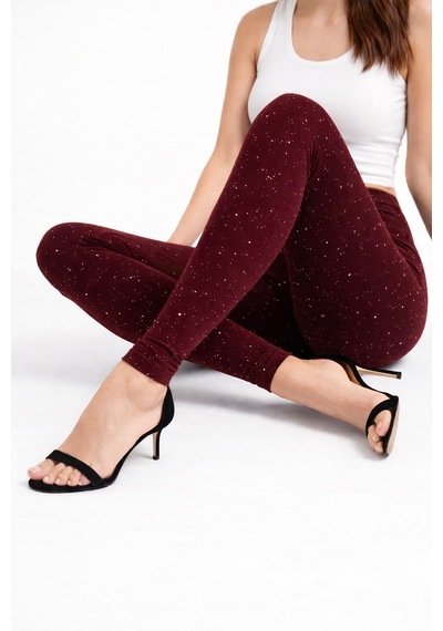 Enva Store Luxe Kadın Relax Taşlı Tayt Yüksek Bel Ve Toparlayıcı Bordo