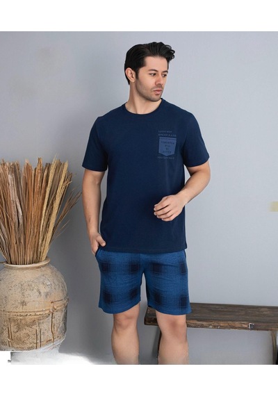Pijamoni Erkek Bisiklet Yaka Kısa Kol Şortlu Pijama Takımı 6175/8 - 1 Adet Lacivert