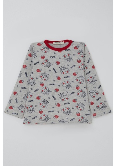 Breeze Kız Bebek Pijama Takımı Sevimli Kraliçe Desenli Çilekli 9 Ay-3 Yaş, Açık Gri Melanj Açık Gri Melanj