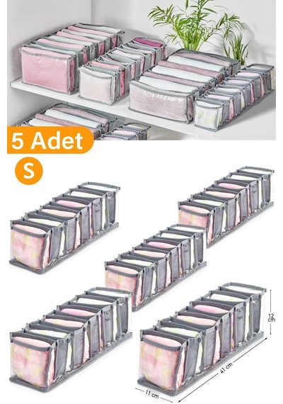 Serstil 5 Adet - 11 Gözlü Şeffaf Çekmece Içi Düzenleyici Organizer Small Gri