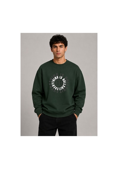 Herkesemoda Everything Baskılı Bisiklet Yaka Şardonlu 2 İplik Sweatshirt Yeşil