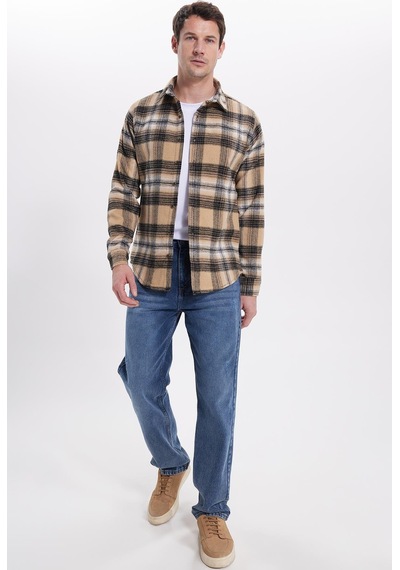Tudors Erkek Slim Fit Dar Kesim Kareli Kışlık Oduncu Gömlek-42209 Kahverengi