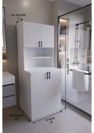 Leylak Çamaşır Makinesi Dolabı Çok Amaçlı Kapaklı Banyo Dolabı Çamaşır Odası Dolabı Beyaz
