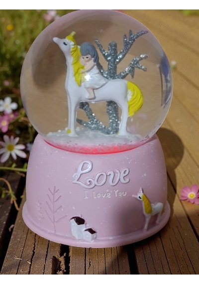 Unicorn Pilli Işıklı Müzikli Sulu Polyester 10 Cm 6,5 Cm Kar Küresi 001