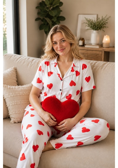 Rindahomewear Büyük Beden Kalp Desenli Milan Düğmeli Pijama Takımı Beyaz