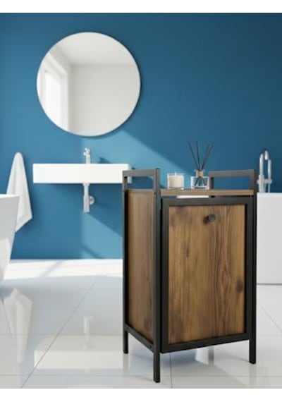 Kapaklı Çamaşır Sepeti & Banyo Düzenleyici Dolap Metal Ayaklı Modern Kirli Sepeti Organizer Ahşap
