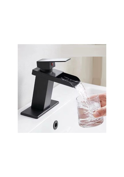 Rena Design Lavabo Bataryasi Mat Siyah Şelale Kare Gövde Eğimli Havza Banyo Armatür Çift Giriş Lüks Ergonamik