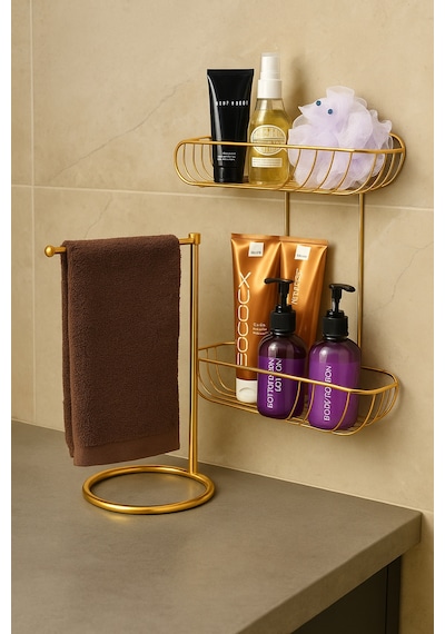 Parlak Altın Banyo Organizer Seti Havlu Askısı 2 Katlı Şampuanlık Raf