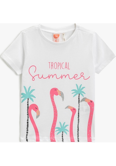 Koton Flamingo Baskılı Tişört Kısa Kollu Bisiklet Yaka Simli Beyaz 3smg10014ak 3SMG10014AK000 Beyaz