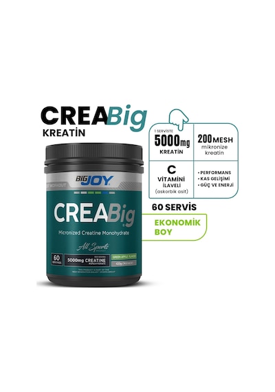 Bigjoy Creabig %100 Mikronize Kreatin Monohidrat Yeşil Elma Aromalı 420g 60 Servis Aromasız