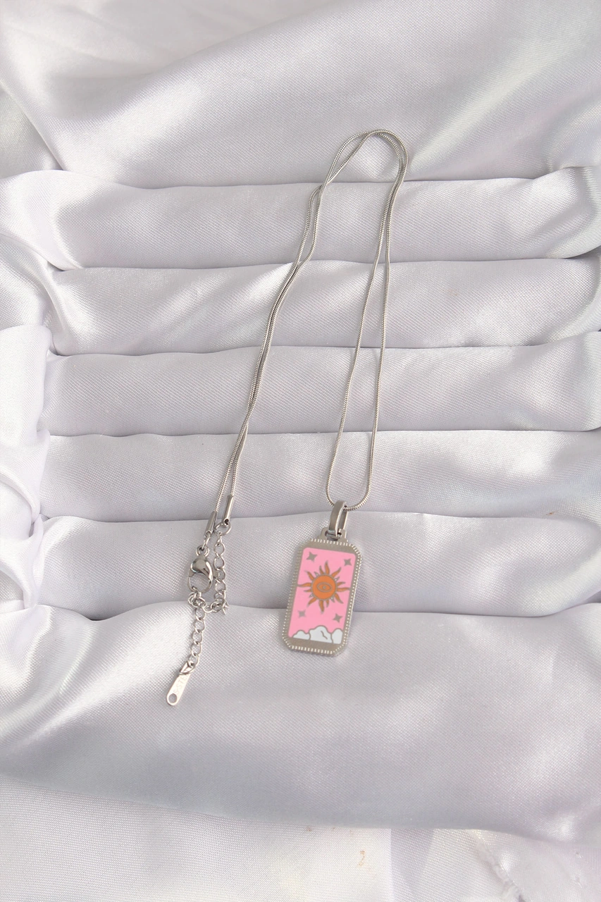 316l Çelik Gümüş Renk Pembe Mineli Güneş Model Tarot Kolye altın
