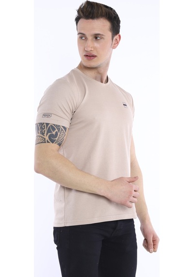 Escetic Erkek Bej Erkek Slim Fit Pamuklu Kısa Kollu Bisiklet Yaka T-Shirt