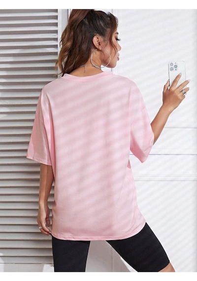 Emoji T-shirt - Pembe Baskılı Oversize Bisiklet Yaka Kısa Kol Pembe