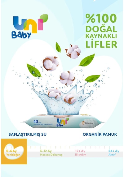 Uni Baby Islak Havlu Hassas Yeni Doğan 40 Yaprak 24'lü Pk 960 Yaprak Narin Ciltler İçin 8pk 3 24'lü Set