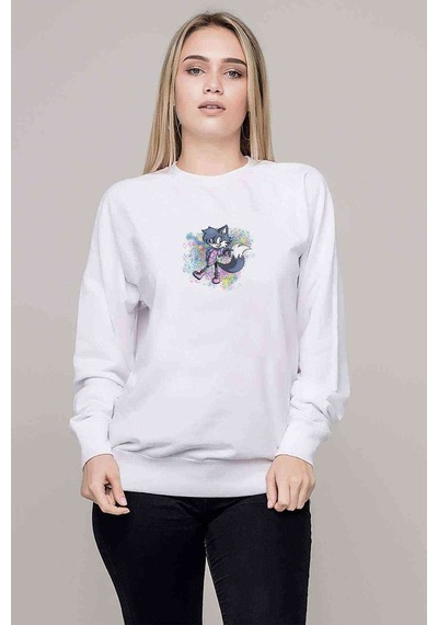 Cat Illustration Computer Lovely Prawn Baskılı Beyaz Kadın Sweat