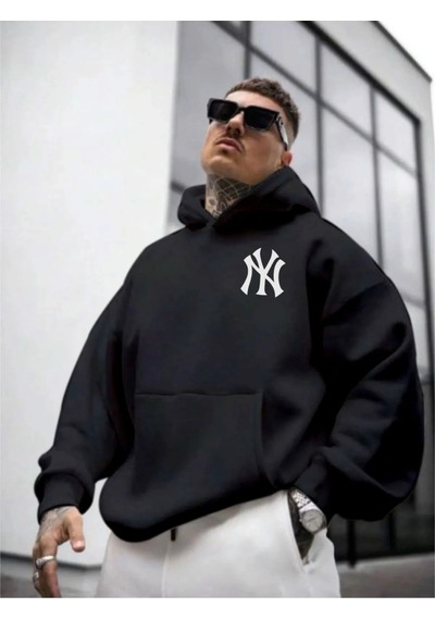 Startmore Erkek Beyaz Ön Arka Ny Baskılı Kapüşonlu Sweatshirt Onarkanysweatshirt Siyah