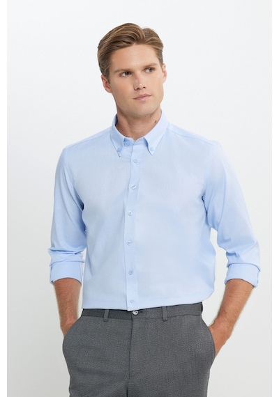 Erkek Mavı %100 Pamuk Slim Fit Dar Kesim Düğmeli Yaka Oxford Gömlek Mavi