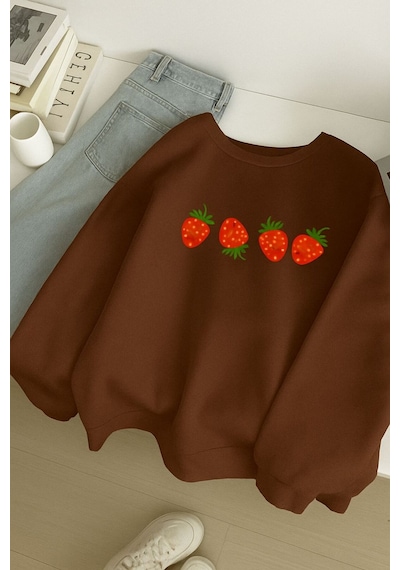 Benroma 3 İplik Penye Çilek Baskılı Unisex Sweatshırt Kahverengi