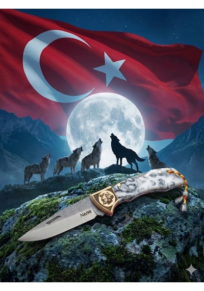 N690 Böhler Çelik El Yapımı Kamp Çakı Kilitli Yaylı Mekanizma, Epoksi Sap Beyaz Siyah