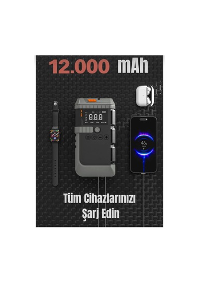 4'ü 1 Arada Şarjlı Akü Ateşleyici Lastik Şişirici Powerbank Led Işık 12000mah