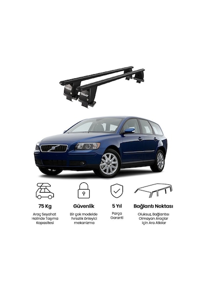 Royal Volvo V50 2008 - 2012 Uyumlu Siyah Kilitli Ara Atkı Port Bagaj Tavan Barı