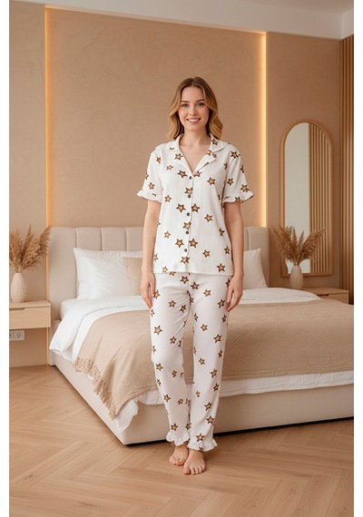Düğmeli Bürümcük Kısa Kol Kadın Pijama Takımı Beyaz