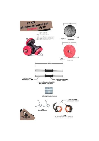 Spor 12 Kg Multifonksiyonel Kırmızı Siyah Halter Seti Ve Dambıl Seti