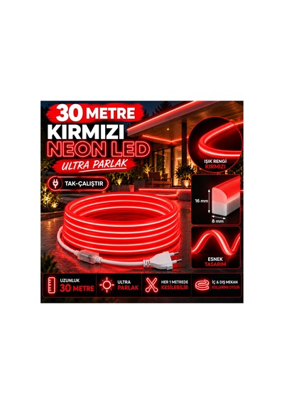 30 Metre 220v Kırmızı Neon Led 8x16 Mm Ultra Parlak Ip65 Suya Dayanıklı Fişli Tak Çalıştır Esnek Şerit Led Iç Dış Mekan Dekoratif Aydınlatma Kırmızı - 939334421 Kırmızı 30 Metre 220v Kırmızı Neon Led 8x16 Mm Ultra Parlak Ip65 Suya Dayanıklı Fişli Tak Çalıştır Esnek Şerit Led Iç Dış Mekan Dekoratif Aydınlatma Kırmızı - 939334421 Kırmızı