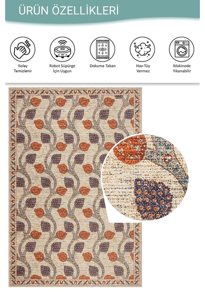 Nora Bej Vintage Dokulu Nar Desenli Dokuma Tabanlı Şönil Halı Al 487 Bej