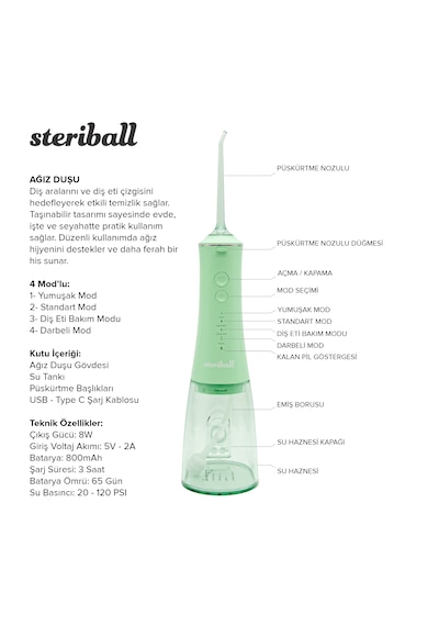 Steriball Oral Irrigator Ağız Duşu Yeşil - 4 Temizlik Modu 360 Dönebilen Başlık 0,60 Mm İnce Su Akışı Yüksek Frekanslı Su Darbesi