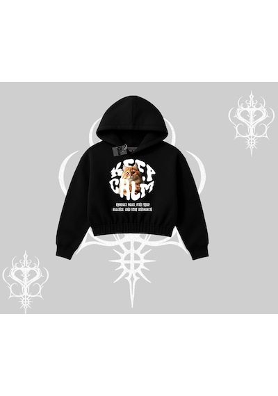 Keep Calm Yazılı Kedi Baskılı Streetwear Kapşonlu Crop Sweatshirt Siyah