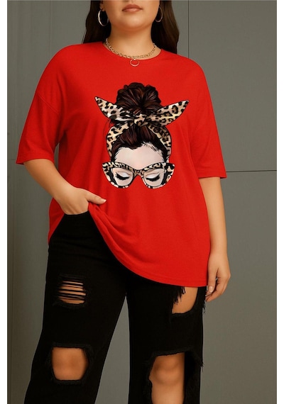 Ceny Kadın Büyük Beden Battal Baskılı Bisiklet Yaka Pamuklu T-shirt Rahat Kesim Unisex Sevgili Kombini Kırmızı