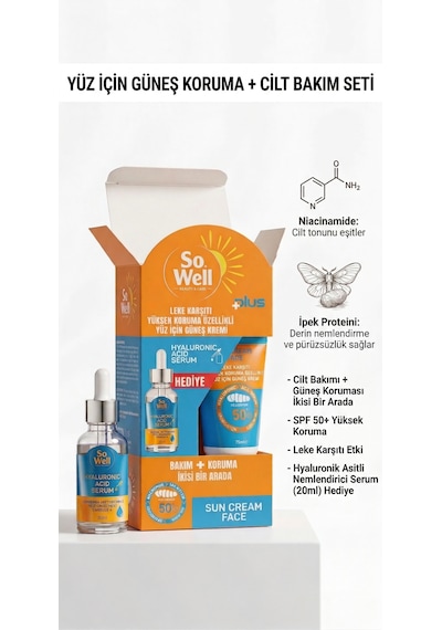 Sowell Leke Karşıtı Nemlendirici Yüz Güneş Kremi SPF50+ 75 ML + Hyaluronic Acid Serum 20 ML