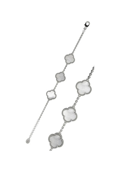 Roza Silver 925 Ayar Beyaz Sedef Taşlı Rodyum Üçlü Yonca Gümüş Bileklik Rb10043
