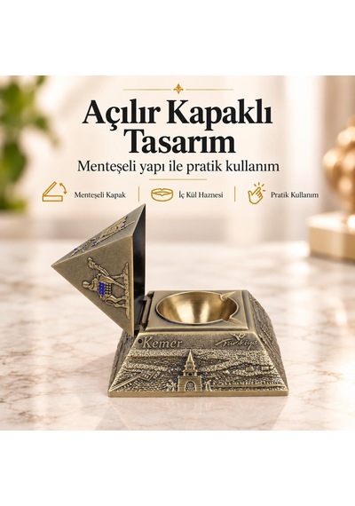 Türkiye Temalı Metal Piramit Küllük Tütsülük Takı Kutusu Kapaklı Dekoratif Hediyelik 10x10 Cm