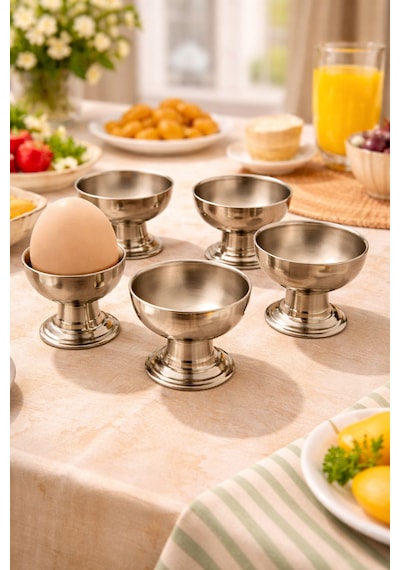 6'lı Gümüş Renk Metal Yumurtalık Seti- Şık Kahvaltı Sunumluk Yumurtalık- Yumurta Kabı