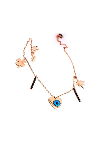 Nazar Boncuklu Kalp Figürlü 925 Ayar Gümüş Rose Trend Halhal Diğer