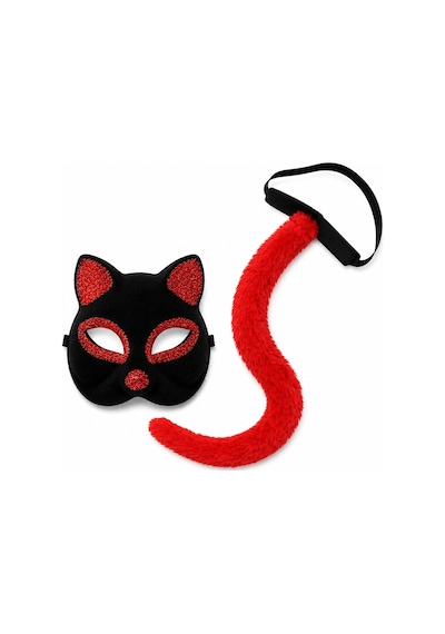 Kırmızı Kedi Maske Ve Kuyruk Seti Parti Kostüm Aksesuarı "