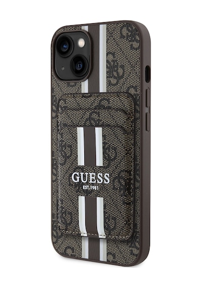 Apple Uyumlu iPhone 14 Kılıf Guess Lisanslı Magsafe Şarj Özellikli 4g Desenli Çizgili Kartlıklı Kapak Kahverengi