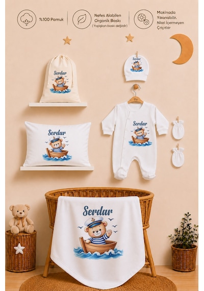 Pia Baby İsme Özel %100 Pamuk Erkek Bebek Yastık Battaniyeli Tulum Set Kese Hediyeli 1102tybk0x Krem
