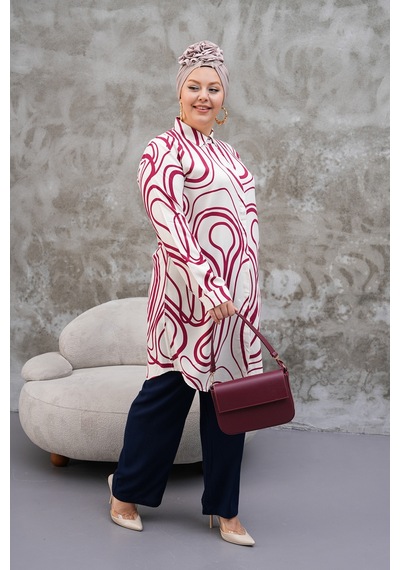Polologin Butik Bordo Beyaz Modern Desen Tunik Bordo Beyaz