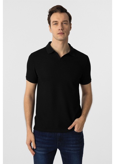 Süvari Siyah Slim Fit Armürlü Polo Yaka Tişört-37306 Siyah
