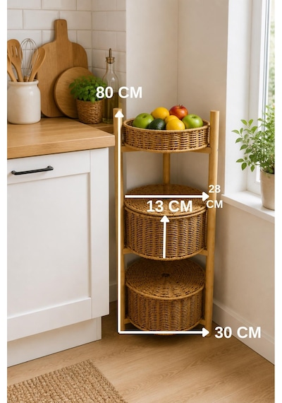 3 Katlı Bambu Rattan Organizer Sepet Mutfak Banyo Salon Düzenleyici Raf Sebzelik Patates Soğanlık