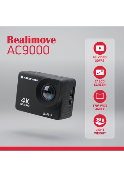 Agfaphoto Realimove Ac9000-30 Su Geçirmez Dijital Eylem Kamera Gerçek 4k Eıs Anti-shake, 170 Â Açı, 2.0 İnç Lcd Ekran, 18 Zubehörteile, Wlan Siyah M