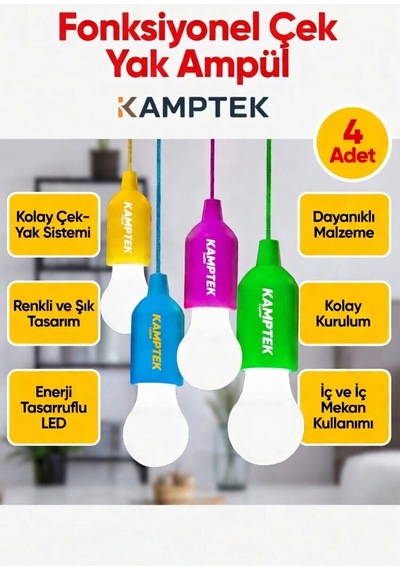 Kamptek Fonksiyonel Çek Yak Ampul 4'lü Paket - Renkli Pille Çalışan Portatif Led Işıldak Lamba Beyaz