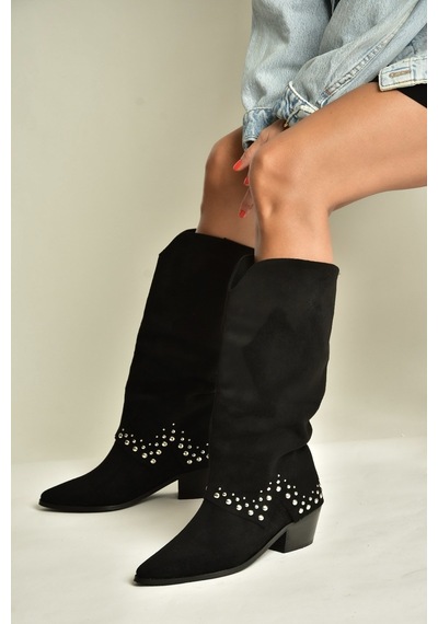 Fox Shoes Z726106802 Siyah Süet Kalın Topuklu Pim Detaylı Kadın Çizme