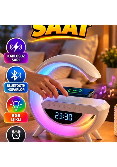Çok Fonksiyonlu Kablosuz Şarjlı Bluetooth Hoparlörlü Dijital Saat Rgb Işıklı Alarm Cihazı