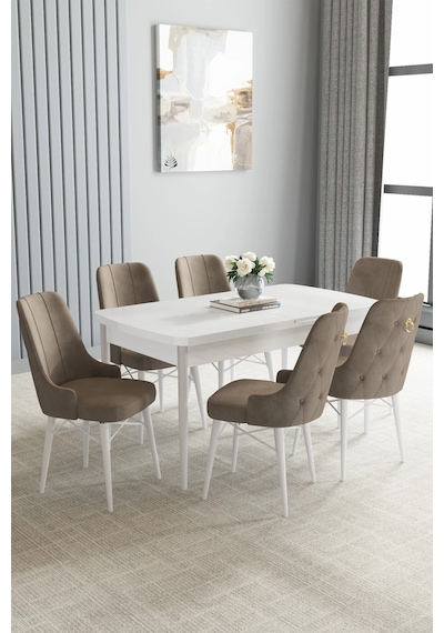 Zümra Serisi, Beyaz 80x132 Açılabilir Mdf Mutfak Masası Takımı 6 Adet Sandalye Cappucino Zümra Serisi, Beyaz 80x132 Açılabilir Mdf Mutfak Masası Takımı 6 Adet Sandalye Cappucino