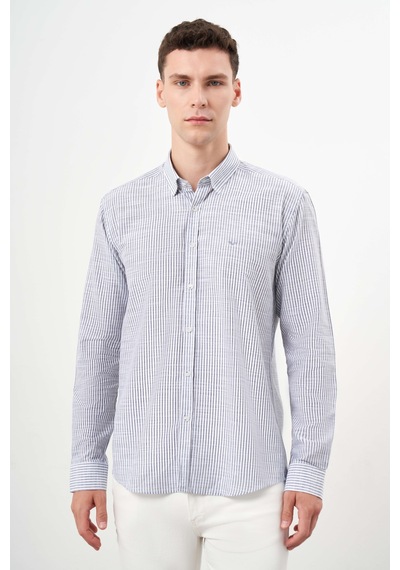 Morven Erkek Gri Pamuk Çizgili-panolu İtalyan Yaka Slim Fit Gömlek 25ms004020100 Gri Gri