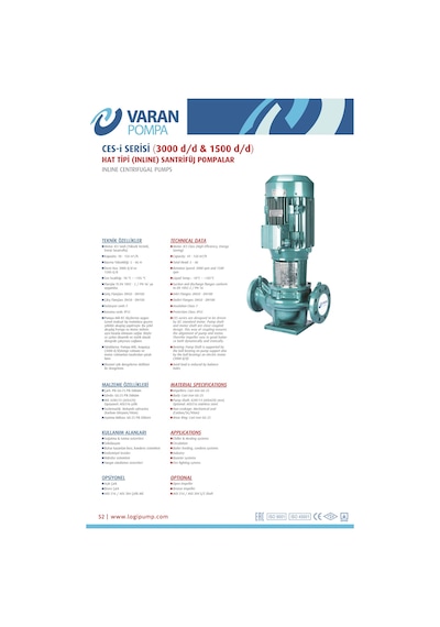 Varan Ces-ı 40-13-03002 İn-line Döküm Santrifüj Pompa 4 Hp / 3 Kw, Trifaze 380 V, 30 Mss, 25 M3/h